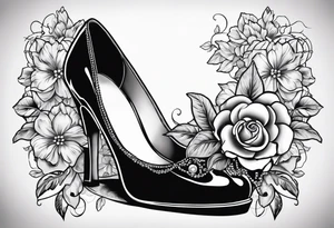 1950s pinup pumps with flowers, pearl necklaces, bows, and lace tattoo idea