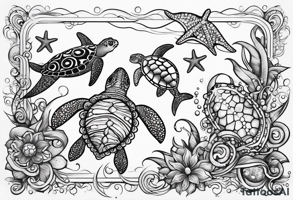 Small Starfish, Seahorse and turtle in a vertical line with bubbles tattoo idea