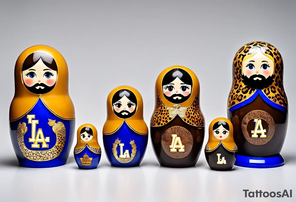 Matryoshka doll family. Each doll is designed based on this description. Father (biggest doll) has full beard, blue eyes, short brown hair, loves LA Dodgers. Mother (second biggest doll) has blonde bob, blue eyes, thick rimmed black glasses, loves leopard print. Son is 4 years old, blue eyes, blonde spiky hair, loves Paw Patrol. Daughter is 2 years old, blue eyes, long eyelashes, short light brown bob, loves Bluey. tattoo idea