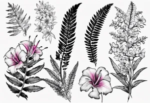 Sword fern, trilium flowers and fushia flowers tattoo idea
