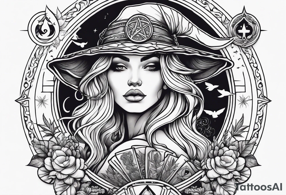 witch woman with gypsy and dove symbols, honoring the sacred feminine. mushroom, marijuana, uterus and witchcraft symbols tattoo idea