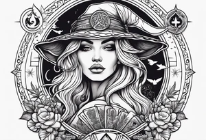 witch woman with gypsy and dove symbols, honoring the sacred feminine. mushroom, marijuana, uterus and witchcraft symbols tattoo idea