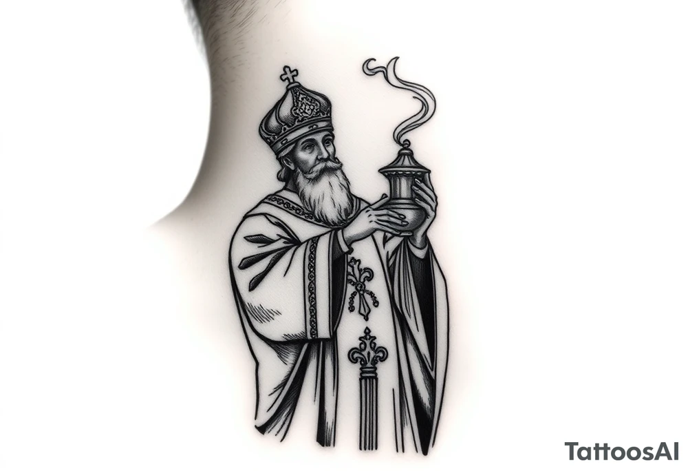 Russian Orthodox Priest in a fully detailed gold vestment swinging a censer with smoke curling upward tattoo idea
