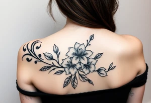 botanical tattoo with flowers such as tulips and lilies and cherry blossoms on the upper arm tattoo idea