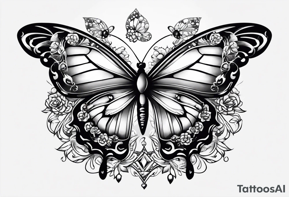 Rosen mit Schmetterlingen und Punkte als Kette mit diamanten an der Rippe tattoo idea