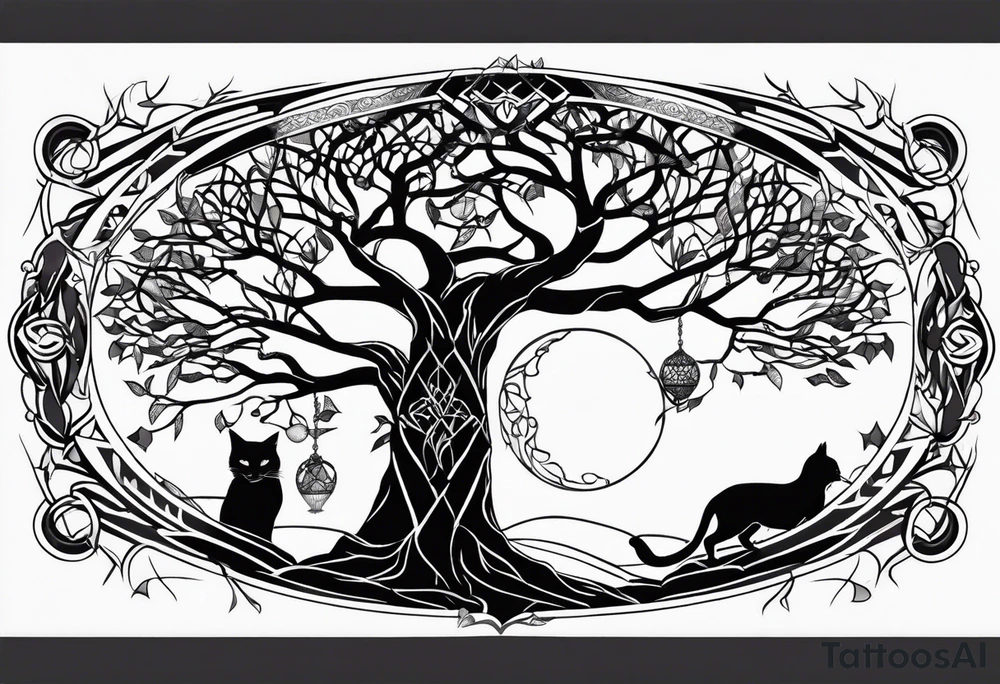 world tree with a cat and a raven and knotwork upper arm tattoo tattoo idea