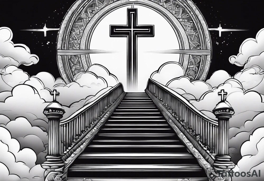 A heavenly stairway to heaven with clouds with a cross with a cross necklace with biblical verses tattoo idea