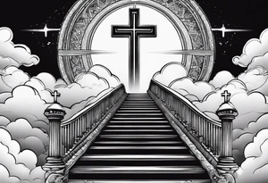 A heavenly stairway to heaven with clouds with a cross with a cross necklace with biblical verses tattoo idea