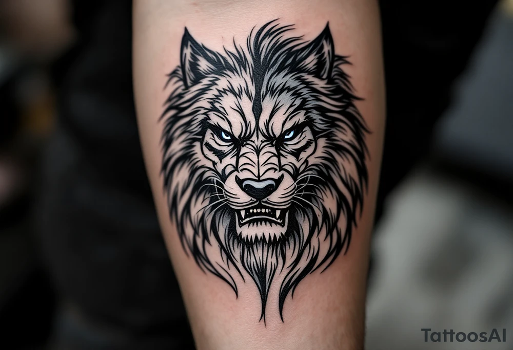 忠 (zhōng, “loyalty”) in steel blue beside a wolf or lion denotes honor and devotion. tattoo idea