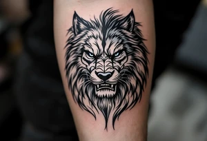 忠 (zhōng, “loyalty”) in steel blue beside a wolf or lion denotes honor and devotion. tattoo idea