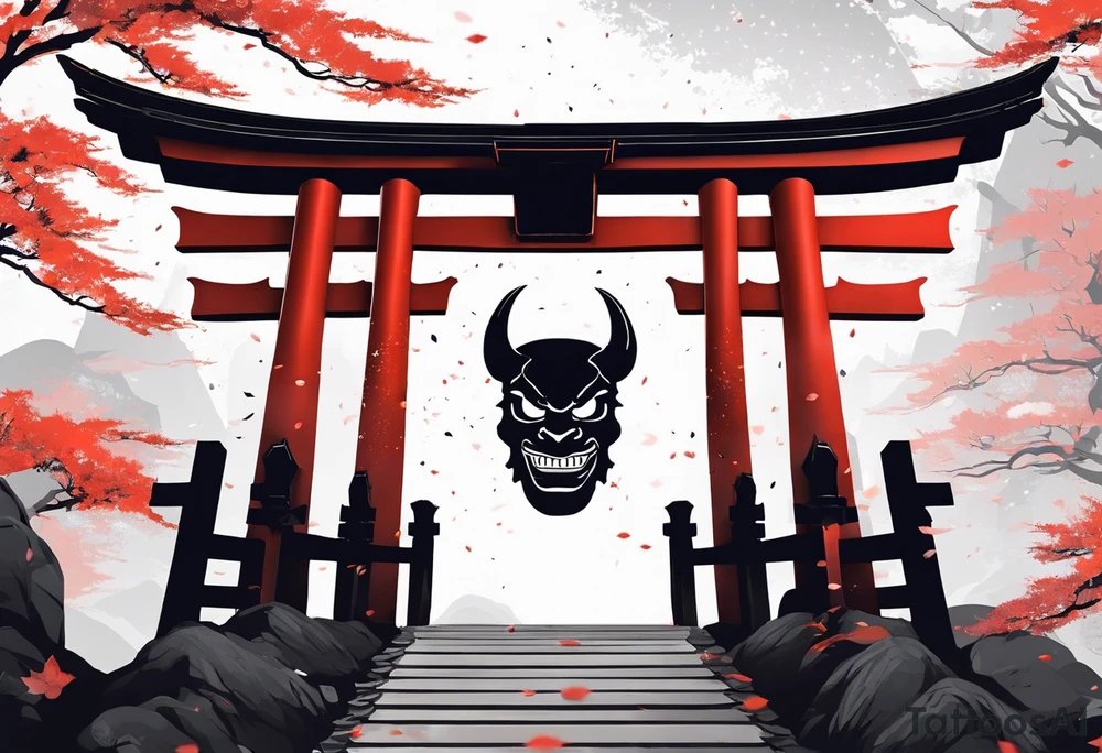 glimpse of torii gate in biomechanical style. 15% of size, placed in bottom 

Above the gate is a bust of Dominant demonic and formidable face with royal king features, has a slight evil grin and a devil fang teeth, similar to skull features, framed by deep-set glowing galaxy eyes, head has crown of prominent purple deep blue flames (Not standalone horns) with intricate recognizable swirling galaxy and peacock feather textures.

face has intricate swirling biomechanical tattoo texture. prominent colours are blue, violet, deep purple, with orange highlights.

face has braids hanging with feathers at end. tattoo idea