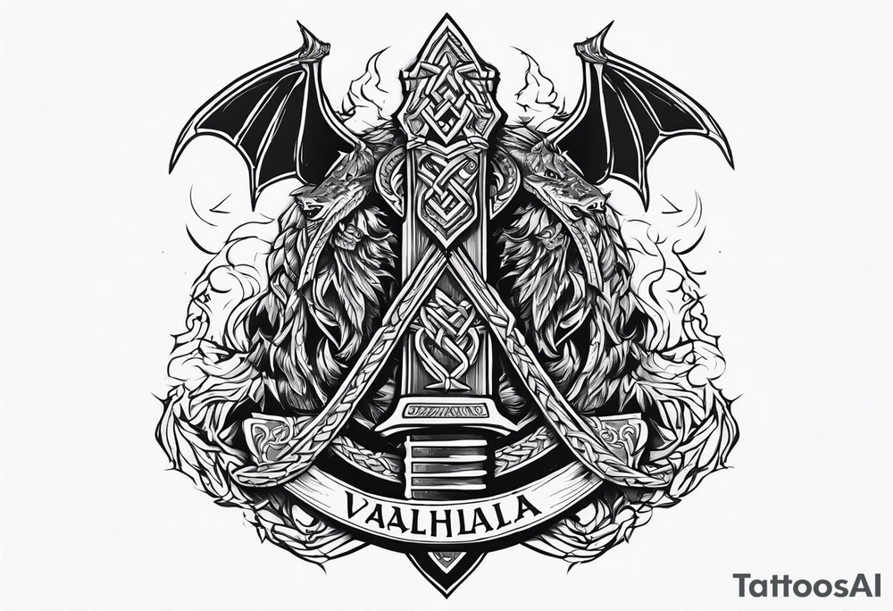 Valhalla sword shield dragon axe Valknut barbed wire chains fire tattoo idea Valhalla sword shield dragon axe Valknut barbed wire chains fire tattoo idea