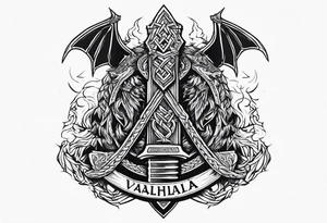 Valhalla sword shield dragon axe Valknut barbed wire chains fire tattoo idea