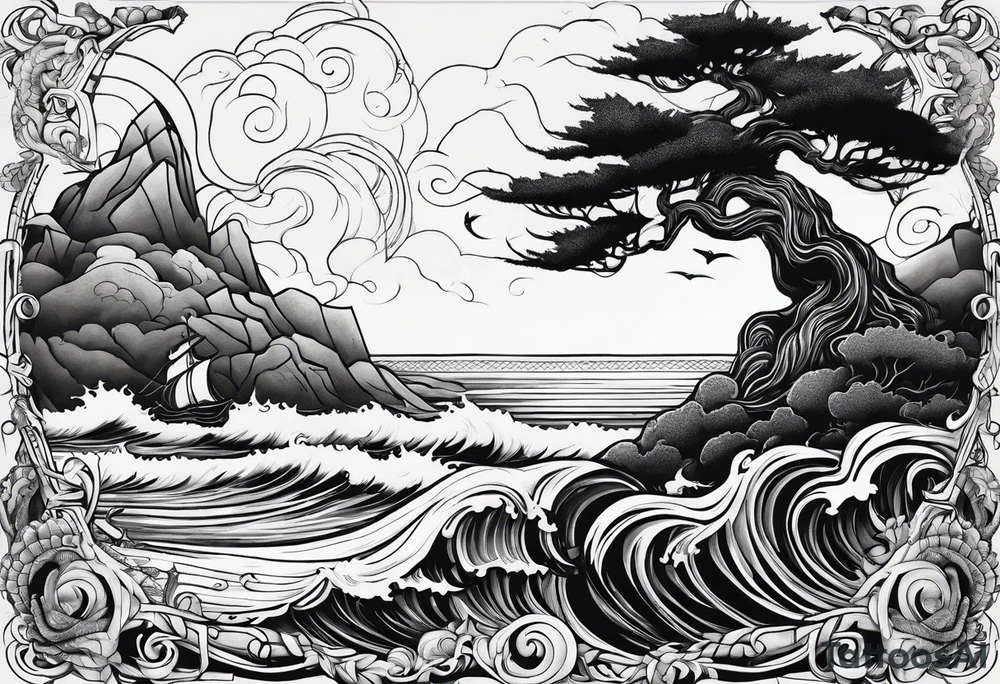 Ocean scene with a defender of man warrior and a tree tattoo idea