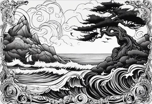 Ocean scene with a defender of man warrior and a tree tattoo idea