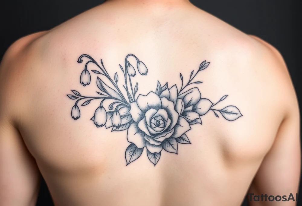 Snow drops, roses flower bouquet fine line tattoo idea