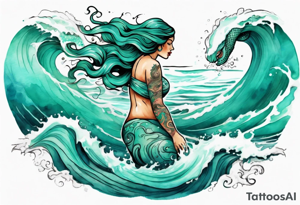 a beautiful chubby turquoise serpent woman emerging from an ocean wave, crashing onto the shore tattoo idea