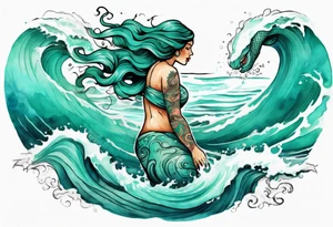 a beautiful chubby turquoise serpent woman emerging from an ocean wave, crashing onto the shore tattoo idea