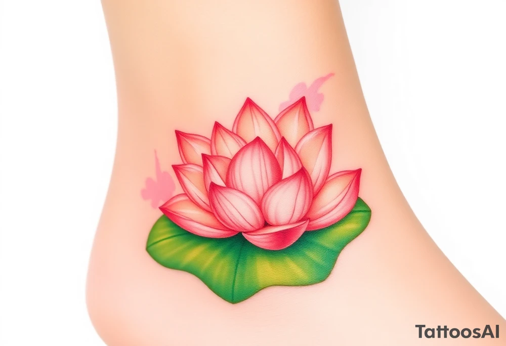 A pale peach water lily floating on a soft green lily pad, with watercolor splashes in pastel pinks and greens, symbolizing tranquility and the beauty of new life tattoo idea