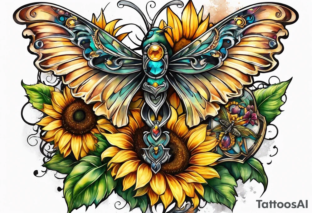 Winged cross with sunflower and butterflies tattoo idea