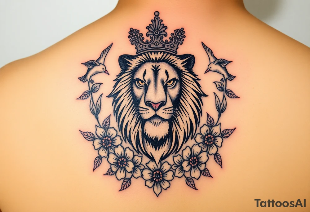 powerful majestic lion with a crown, surrounded by floral ornaments and birds tattoo idea