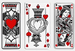 one combined tatto in minimalistic style with icon style three king of spades and icon style one queen of hearts. extreme minimalstic and few lines. much more minimalistic and fewer lines tattoo idea