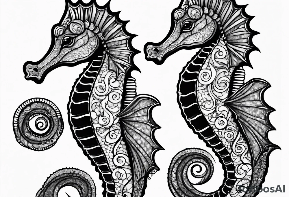 seahorse on white background, black and white fit in picture tattoo idea
