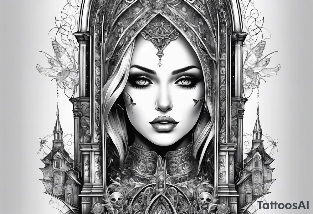 Gothic cathedral with beauty girl face with horror eyes and insects tattoo idea