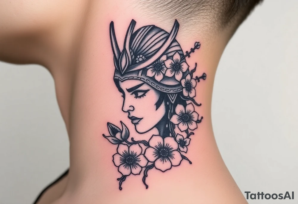 Samurai women warrior face
 with a with cherry blossom with wind lotuses tattoo idea