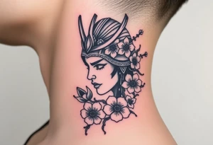 Samurai women warrior face
 with a with cherry blossom with wind lotuses tattoo idea