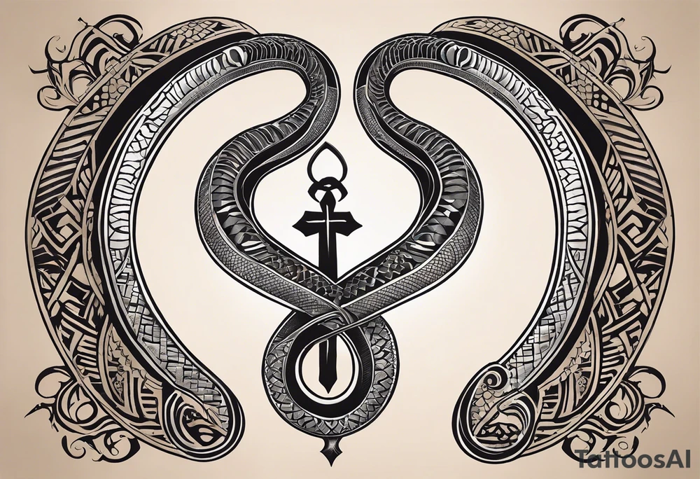 Create a tattoo design featuring an Egyptian cobra or horned viper elegantly wrapping around an ankh. The snake's head should face outward near the top loop of the ankh. Include intricate scales and subtle patterns, emphasizing careful highlights and shadows to create a realistic intertwined effect with the ankh. The design should convey complexity and flow along the forearm, making the ankh appear guarded and enhancing its spiritual, protective aura. tattoo idea