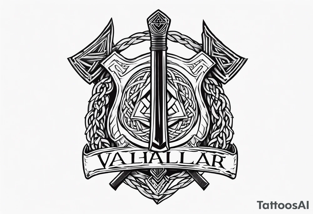 Valhalla sword shield axe barbed wire chains valknut tattoo idea