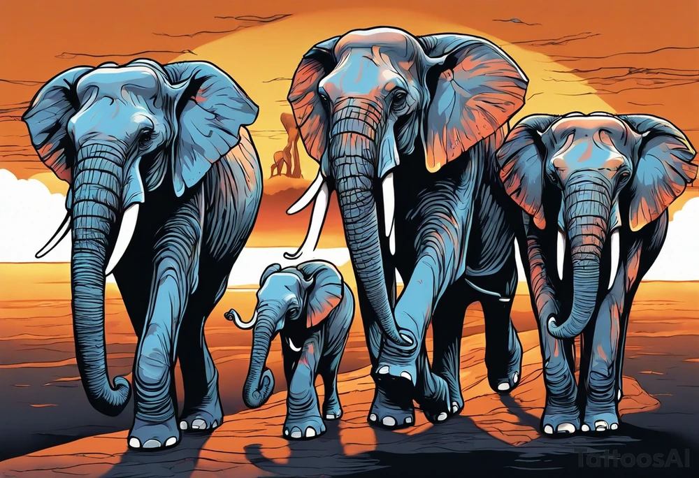 family of 6 elephants walking into sunset after one of them has died tattoo idea
