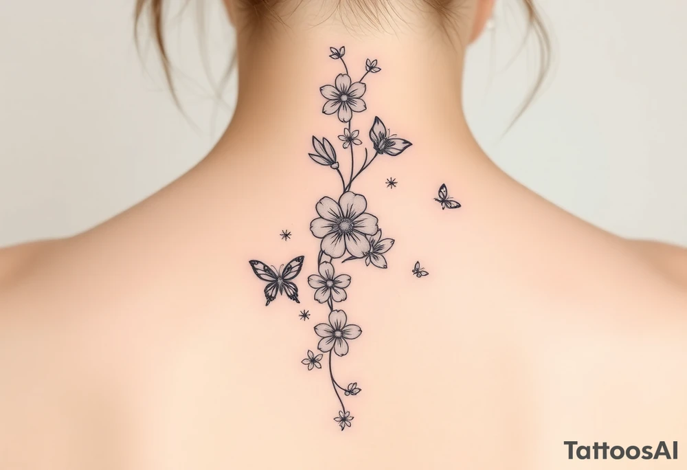 Flowers vertically down the spine surrounded by small butterflies and sparkles

Less flowers tattoo idea