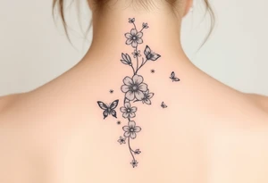 Flowers vertically down the spine surrounded by small butterflies and sparkles

Less flowers tattoo idea