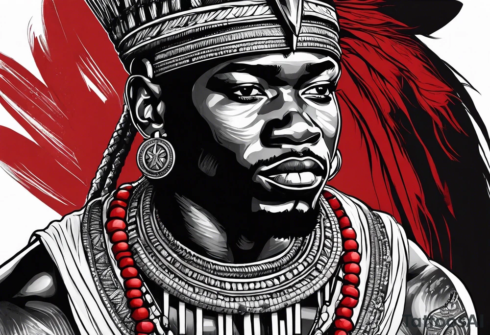 african warrior with a small silver crown and a red necklace tattoo idea