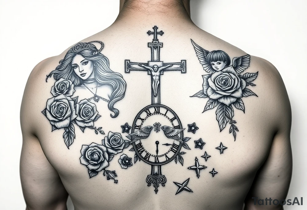 Roulette casino and princess and jesus on cross, baby angels, roses and clock and stars and fish tattoo idea
