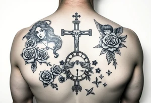 Roulette casino and princess and jesus on cross, baby angels, roses and clock and stars and fish tattoo idea