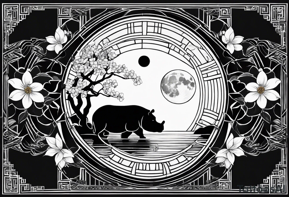 Very asymmetrical, +geometric pattern, with realistic full moon, with seeious looking hippo, +zen feel, + Buddhism touch, +tribal, +geometric
with wintersweet flower bud, +portrait orientation, +inkart touch, tattoo idea