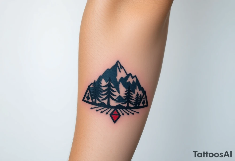 Lower forearm, trees with mountains in background, leaves on the trees are pink, purple, teal, red tattoo idea