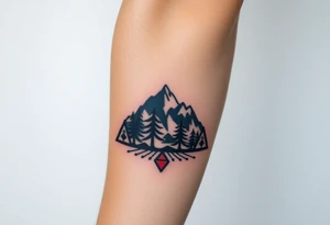 Lower forearm, trees with mountains in background, leaves on the trees are pink, purple, teal, red tattoo idea