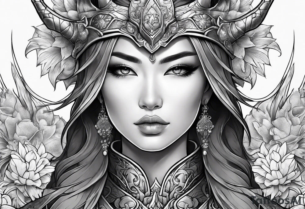 beautiful warrior woman wearing dragon armor and a floral background tattoo idea