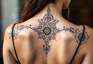 spine tattoo design with symmetrical ornamental patterns, combining dotwork, mandala elements, and flowing lines that follow the natural curves of the body. The design is intricate and balanced.” tattoo idea