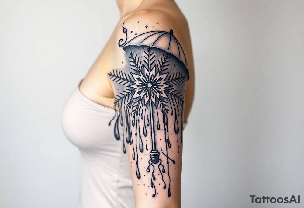 A snowflake melting and turning into rain drops and the rain drops cascading over and umbrella tattoo idea