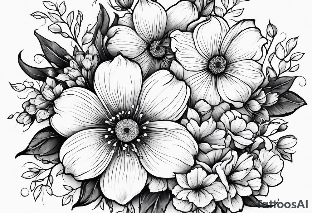 March, April,  June,  November,  December birth flowers tattoo idea
