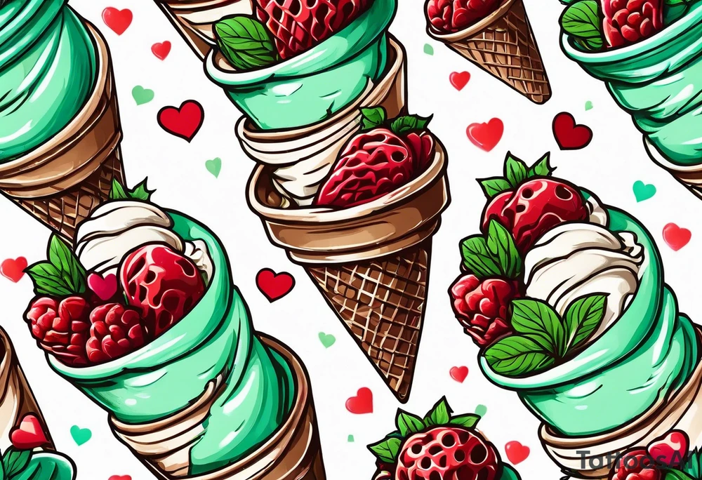 mint chocolate chip ice cream cone with small red heart on it somewhere. tattoo idea