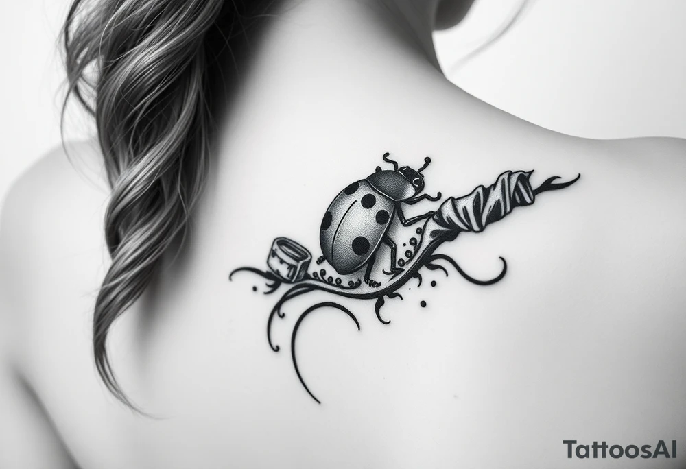 A ladybug getting out of hermione's magic wand like it was a spell. Magic dust all around it that looks almost like smoke. I also want some details around it that would make a piggyback on harry potter's movie tattoo idea