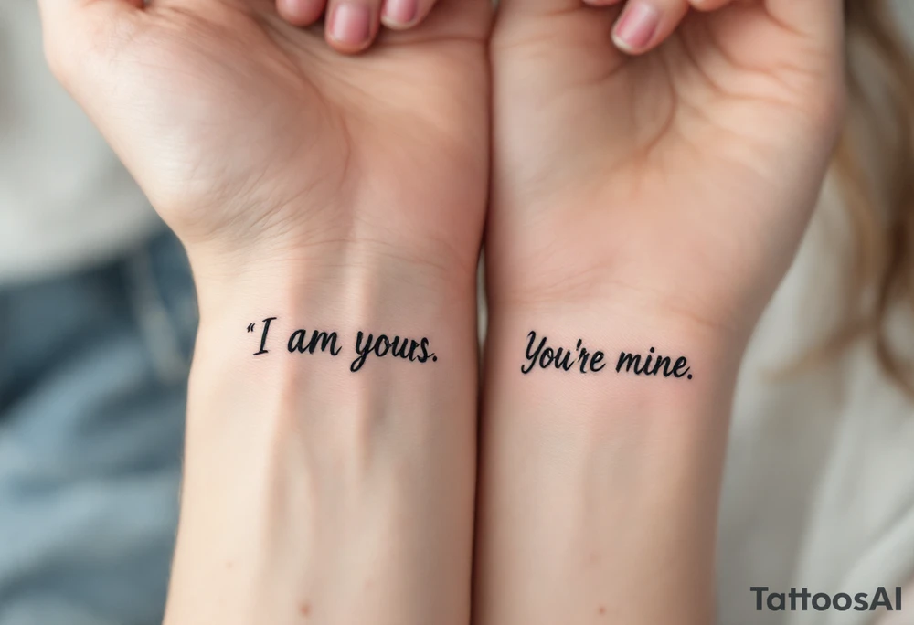 “I am yours” in soft gray on her wrist and “You´re mine” in black on his neck symbolize mutual belonging. tattoo idea