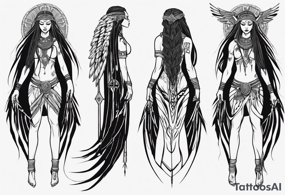 African female valkyre full body angelic
slim face long braided hair descending from heaven tattoo idea