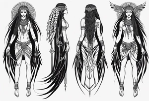 African female valkyre full body angelic
slim face long braided hair descending from heaven tattoo idea